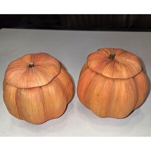 Cornhusk Wrapped Styrofoam Decorative Fall Halloween Pumpkins with Lids Set of 2